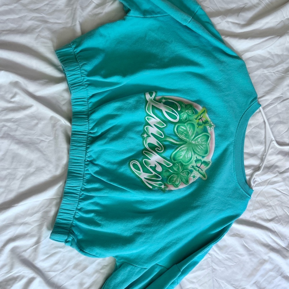 Blue Boxy Crop Sweatshirt with Green Graphic